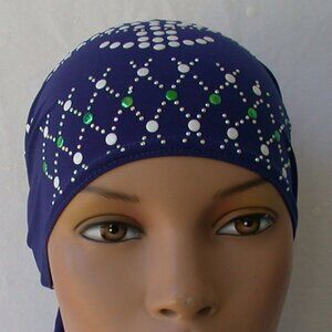 BLUE Pre-Tied Stud Chemo Cap Slip On Bonnet Hijab Undercap #3